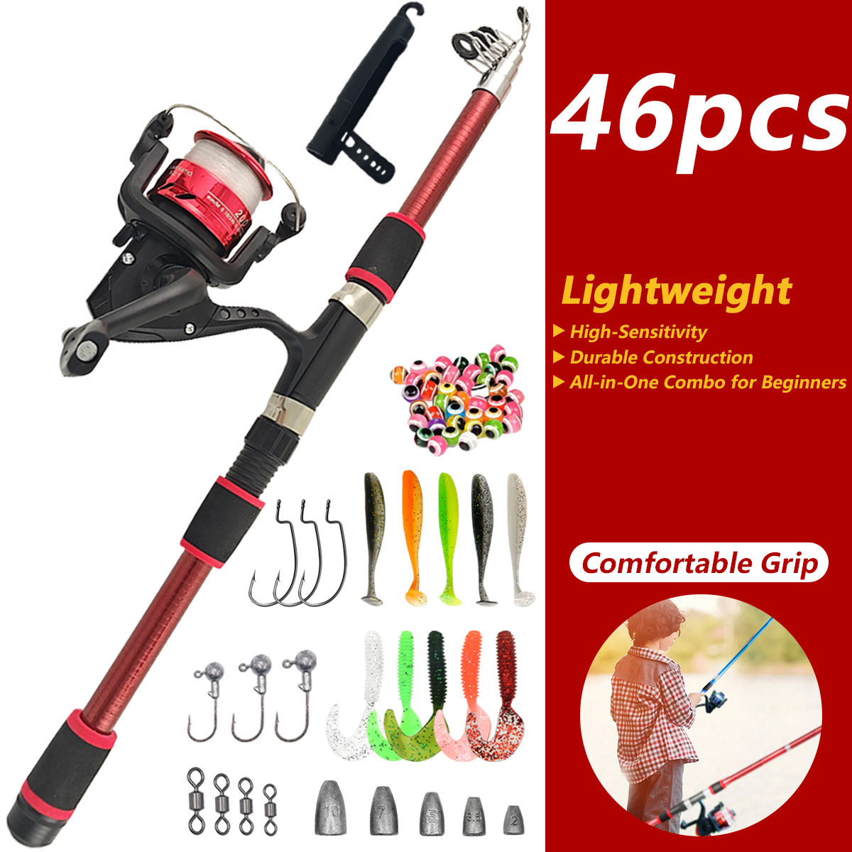 Fishing Rod Combo - 46Pcs Telescopic Fishing Rod Reel Combo,